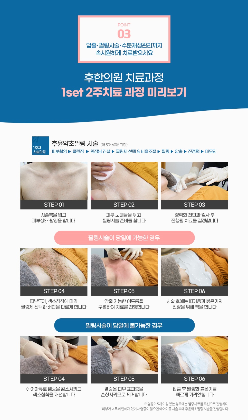 피부 촬영부터 압출, 필링, 진정팩까지 약 50~60분 걸리는 1set 2주 치료 과정 미리보기